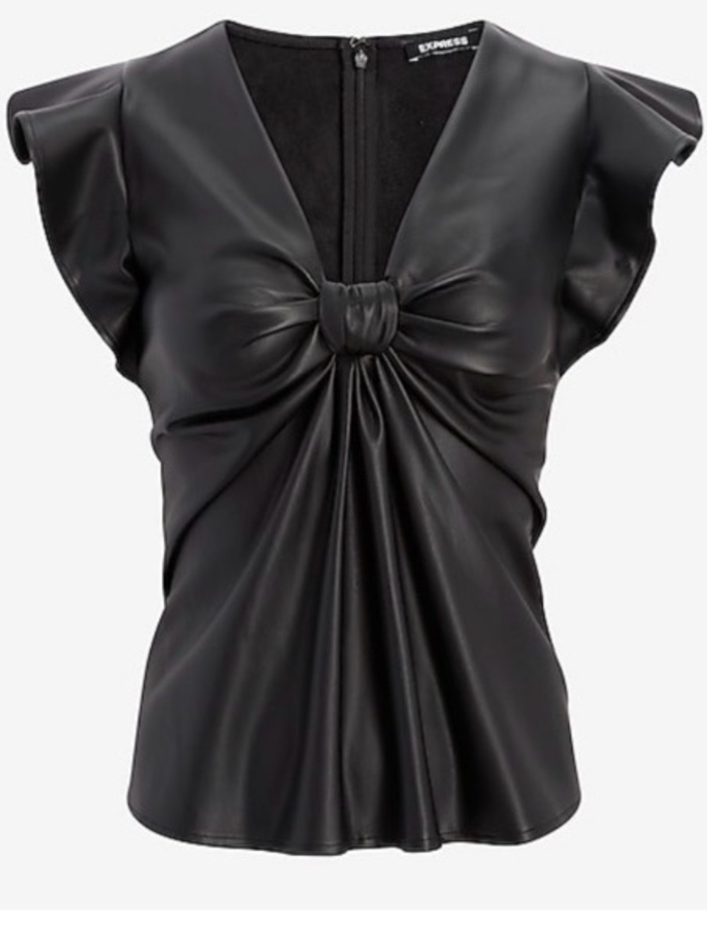 Express Black Faux-Leather Knot-Front Flutter Sleeve Top